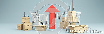 Shopping cart with red upward arrow Surrounded by cardboard boxes and stock charts money as financial saving rising in inflation Stock Photo