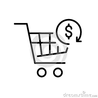 Shopping cart with refund symbol. Order return service. Pixel perfect, editable stroke Vector Illustration