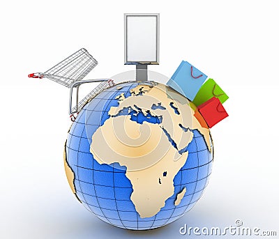 Shopping cart, shopping bags and billboard on a globe. World trade concept Cartoon Illustration