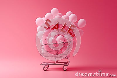 Shopping cart with sign SALE and inflatable helium balloons on pink background. Sale, Black Friday concept, shopping season, Stock Photo