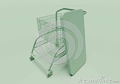 Shopping cart with smartphone green colors scene Stock Photo