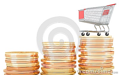 Shopping cart with stacks of growing gold coins. 3D rendering Stock Photo