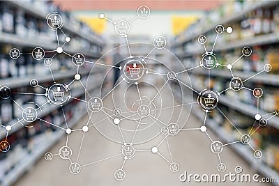 Shopping cart structure Retail marketing E-commerce blurred supermarket background. Stock Photo