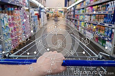 Shopping cart structure Retail marketing E-commerce blurred supermarket background Stock Photo