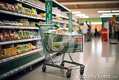 Shopping cart in supermarket aisle, products on market shelfs, grocery store Stock Photo