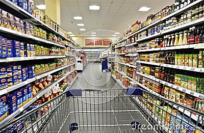 Shopping cart in a supermarket Stock Photo