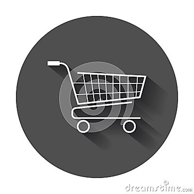 Shopping cart vector icon. Flat illustration on black round back Vector Illustration