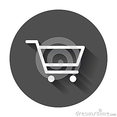 Shopping cart vector icon. Flat illustration on black round back Vector Illustration