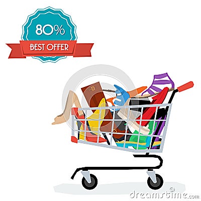 Shopping cart with womens shoes Vector Illustration