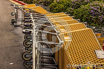 Shopping Carts Laying On Side In Parking Lot Stock Photo