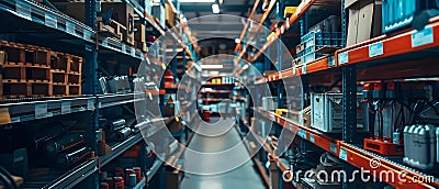 Shopping for ceiling light brackets and metal shelves at a Texas hardware store with wire securing Stock Photo