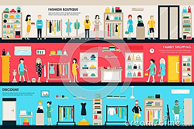 Shopping Center and Boutique Rooms flat shop interior concept web. Fashion Clothes Customers Mall Retail Purchase Vector Illustration