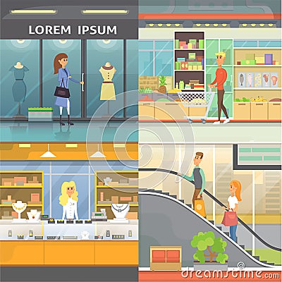 Shopping Center, Boutique Rooms and jewelry store. Supermarket interiors collection. People in a mall. Set buying Vector Illustration