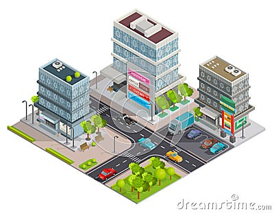 Shopping Center Buildings Complex Isometric Banner Vector Illustration