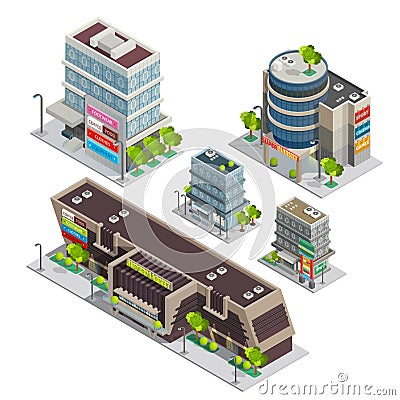 Shopping Center Buildings Complex Isometric Composition Vector Illustration