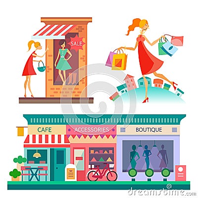 Shopping center, city scape Vector Illustration