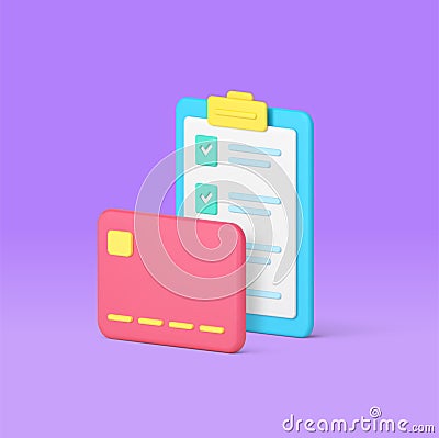 Shopping checklist complete list buying goods purchase card payment 3d icon realistic vector Vector Illustration