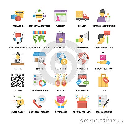 Shopping and Commerce Flat Icons Set Stock Photo