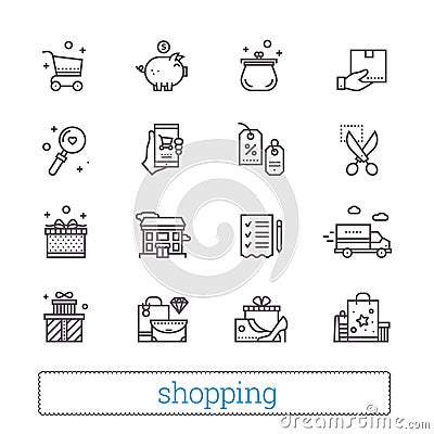 Shopping, commerce, retail thin line icons. Shop symbols: coupons, wishlist, delivery track, cash back, goods and gifts. Vector Illustration