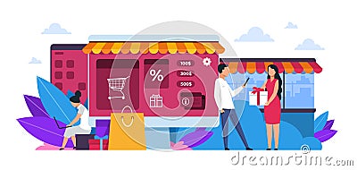 Shopping concept. Cartoon people at retail store, market or restaurant, small local shop or supermarket. Vector purchase Vector Illustration