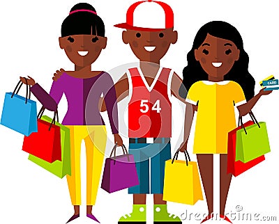 Shopping concept with couple african american people purchaser. Vector Illustration