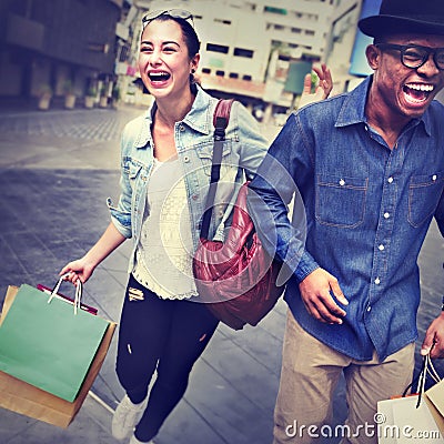 Shopping Couple Capitalism Enjoying Romance Spending Concept Stock Photo