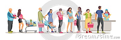 Shopping crowd people waiting in long line queue in supermarket. Vector Illustration