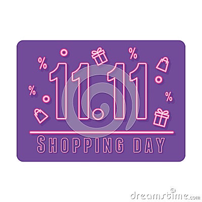 11 11 shopping day, sale offer attention, neon gifts bags and lettering Vector Illustration