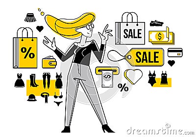 Shopping and discount vector outline illustration, store worker managing goods or customer have a big choice and enjoying cheap Vector Illustration