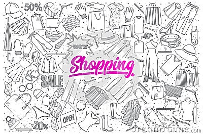 Shopping doodle set with pink lettering Vector Illustration