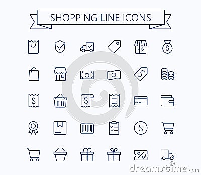 Shopping and E-commerce vector mini icons set. Thin line outline 24x24 Grid.Pixel Perfect Vector Illustration