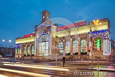 The shopping and entertainment center Warsaw Express in the New Year Christmas decorations in St. Petersburg. Russia Editorial Stock Photo