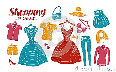 Shopping, fashion, clothes shop, boutique banner. Clothing silhouettes. Vector illustration Vector Illustration