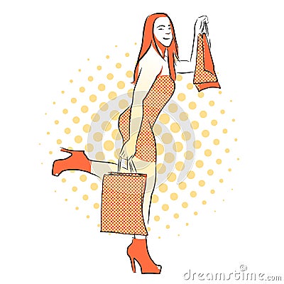 Shopping Girl with Orange Bags. Vintage Artwork. Stock Photo