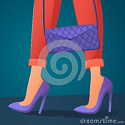 Shopping girl in pants and heels holding clutch Vector Illustration
