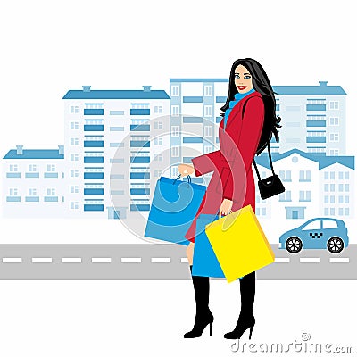 Shopping girl - Stock Illustration. fashionable girl against the backdrop of the city with purchases for your design Vector Illustration