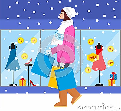 Shopping girl - Stock Illustration. fashionable girl with purchases for your design Vector Illustration