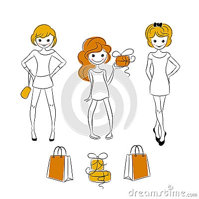 Shopping girls with sale bags Vector Illustration