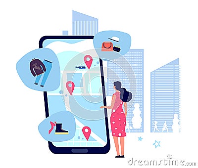 Shopping guide app. Fashion store buyer vector character. Flat girl looking for shops on the map Vector Illustration