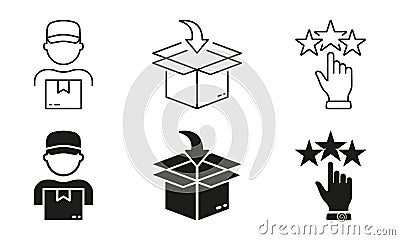 Shopping Guide Line and Silhouette Icon Set. Customer Buy Product Steps Symbol Collection. Delivery Process Pictogram Vector Illustration