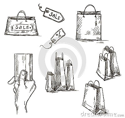 Shopping icons, sale tag, paper bags, hand with cr Vector Illustration