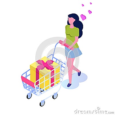 Shopping isometric concept with character. Woman with cart. Vector Illustration