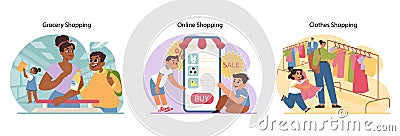 Shopping journey set. Flat vector illustration Vector Illustration