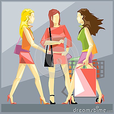 Shopping ladies in red dresses and red Vector Illustration