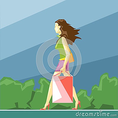 Shopping lady in green and pink clothes and red shoes Vector Illustration