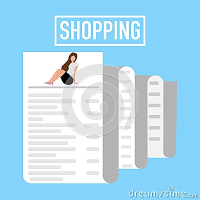 Shopping for lady long receipt blue background Vector Illustration