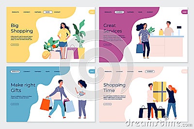 Shopping landing pages. Shopping characters. People in market boutique store buyers. Flat vector customers with bags Vector Illustration