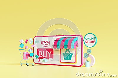 Shopping on line Application. Shopping on mobile. Online store on website. Mobile application. 3d rendering background. digital ma Stock Photo
