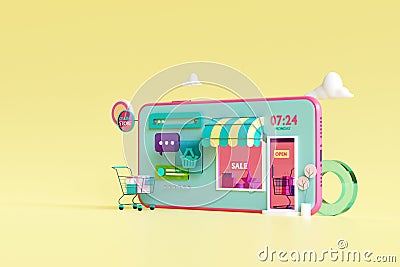 Shopping on line Application. Shopping on mobile. Online store on website. Mobile application. 3d rendering background. digital ma Stock Photo
