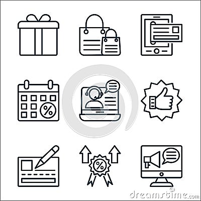 Shopping line icons line icons. linear set. quality vector line set such as online marketing, discount, bank check, feedback, Vector Illustration